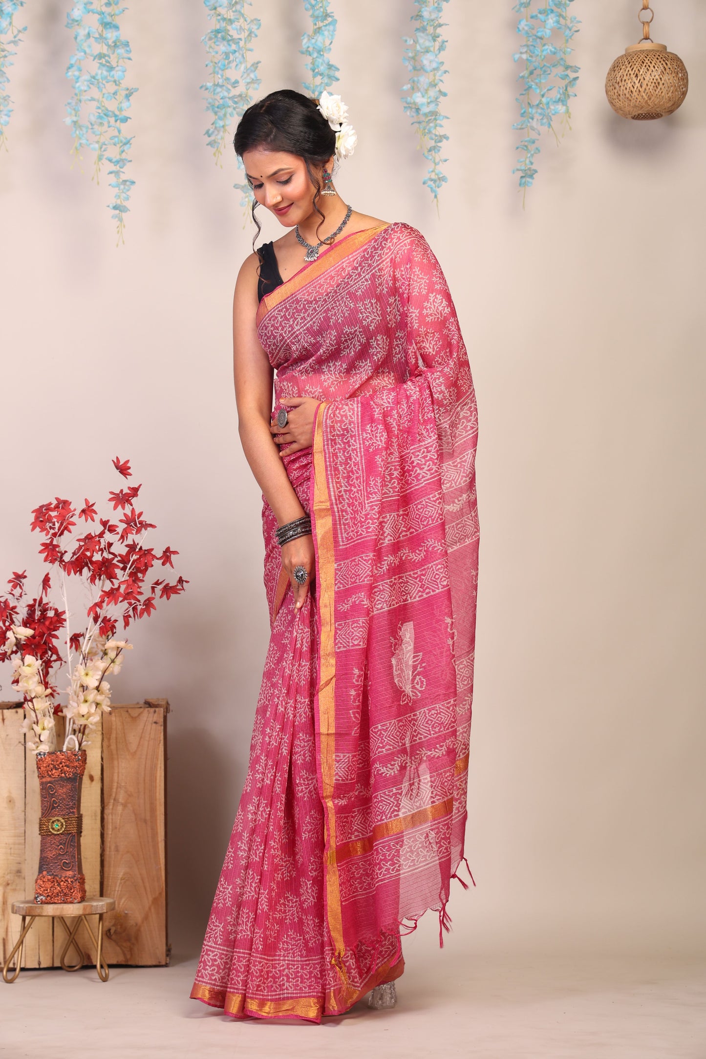 Anuttara Bhagalpuri Rouge Pink Kota Cotton Hand Block Saree with Blouse_AFS1005-FS