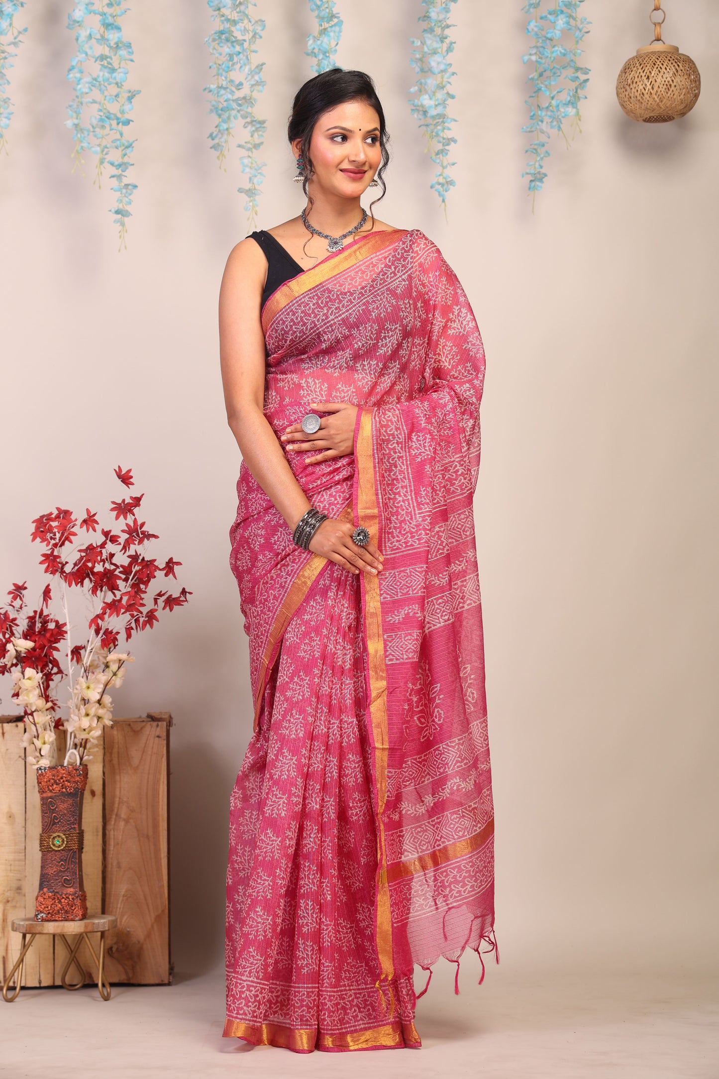 Anuttara Bhagalpuri Rouge Pink Kota Cotton Hand Block Saree with Blouse_AFS1005-FS