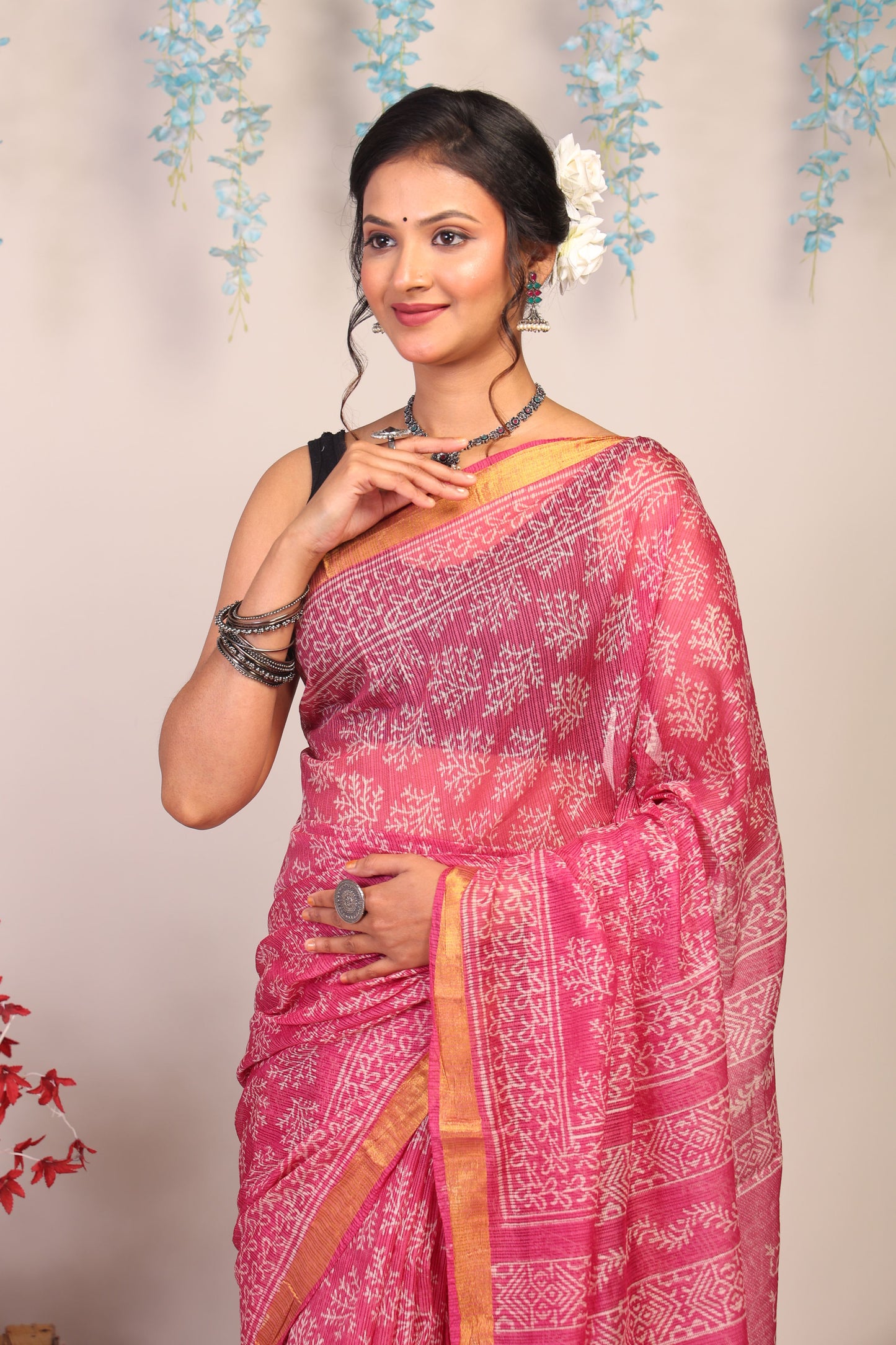 Anuttara Bhagalpuri Rouge Pink Kota Cotton Hand Block Saree with Blouse_AFS1005-FS