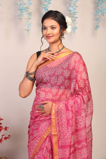 Anuttara Bhagalpuri Rouge Pink Kota Cotton Hand Block Saree with Blouse_AFS1005-FS