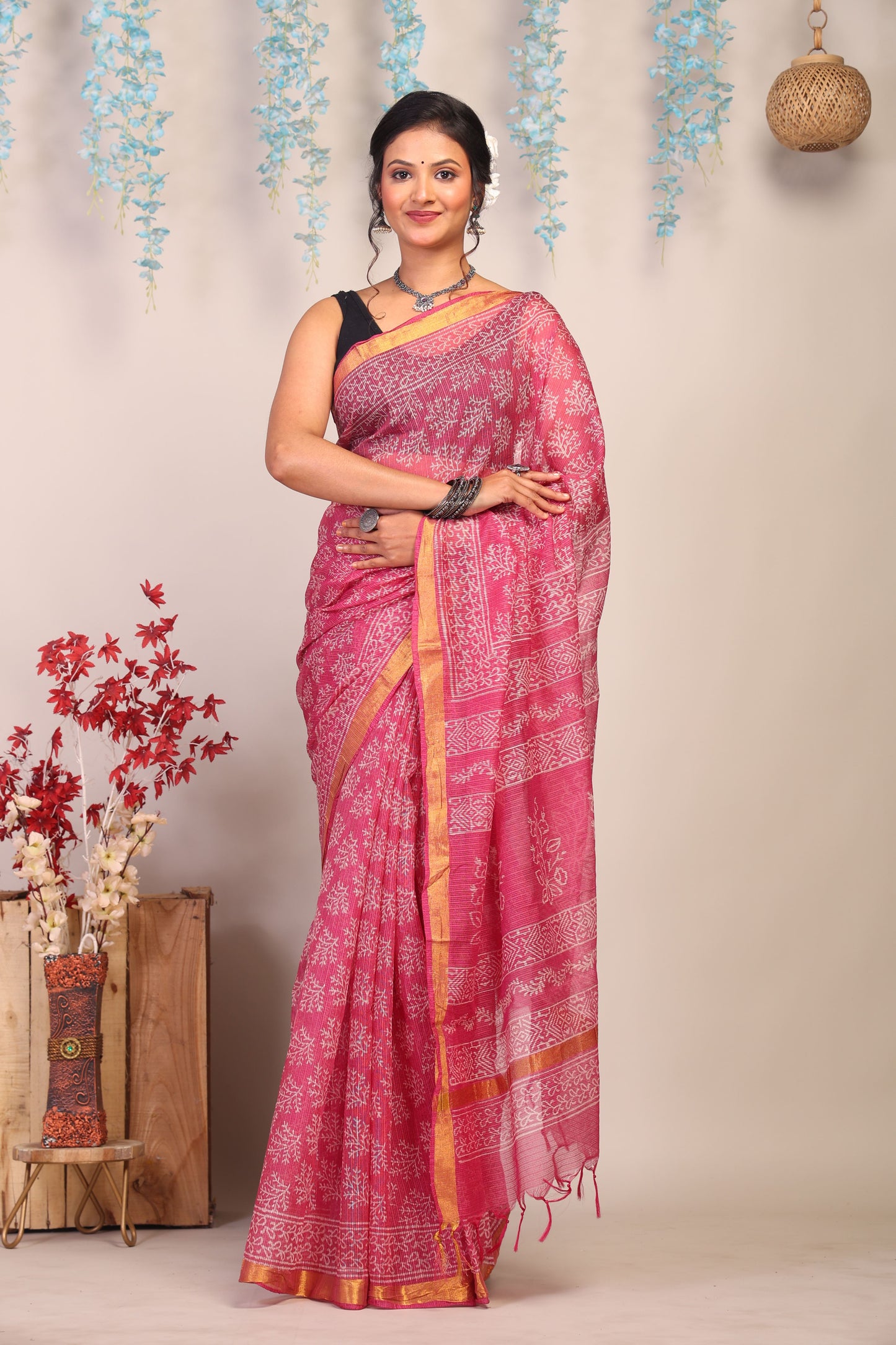 Anuttara Bhagalpuri Rouge Pink Kota Cotton Hand Block Saree with Blouse_AFS1005-FS