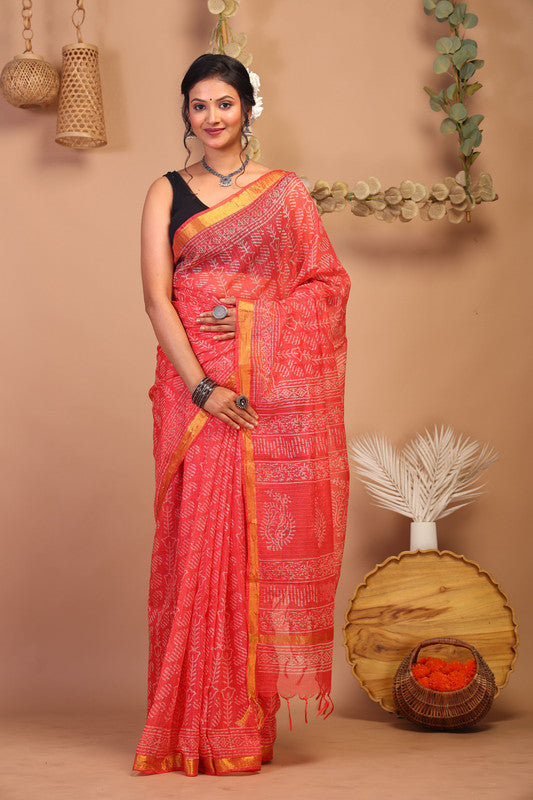 Anuttara Bhagalpuri Red Kota Cotton Hand Block Saree with Blouse_AFS1006-FS