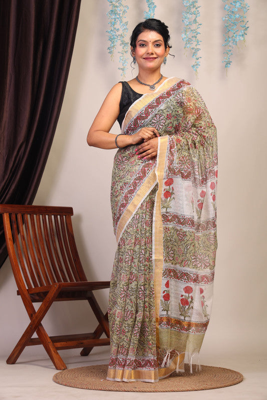 Anuttara Bhagalpuri Olive Green Kota Cotton Hand Block Saree with Blouse_AFS1007-FS