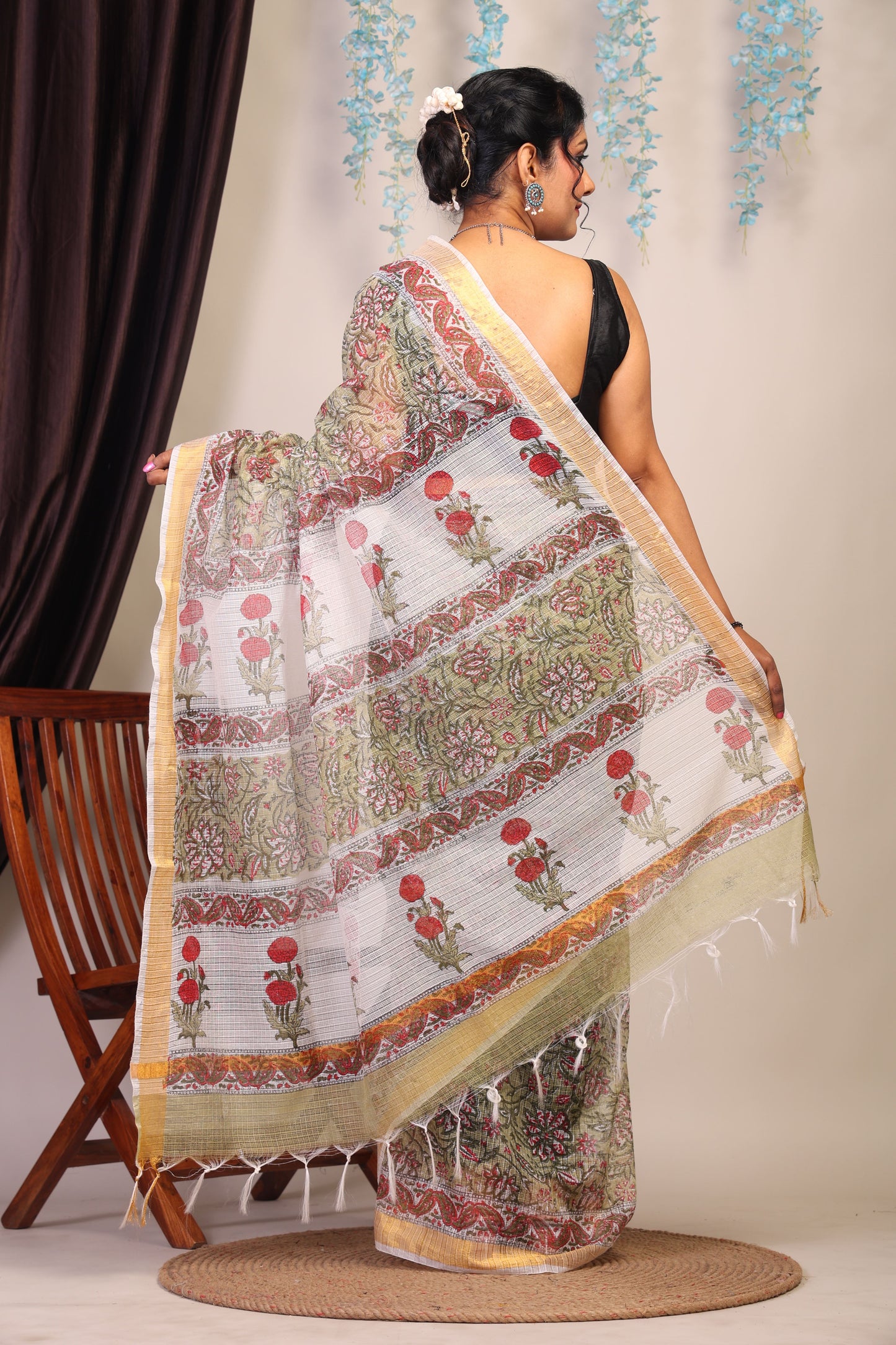 Anuttara Bhagalpuri Olive Green Kota Cotton Hand Block Saree with Blouse_AFS1007-FS