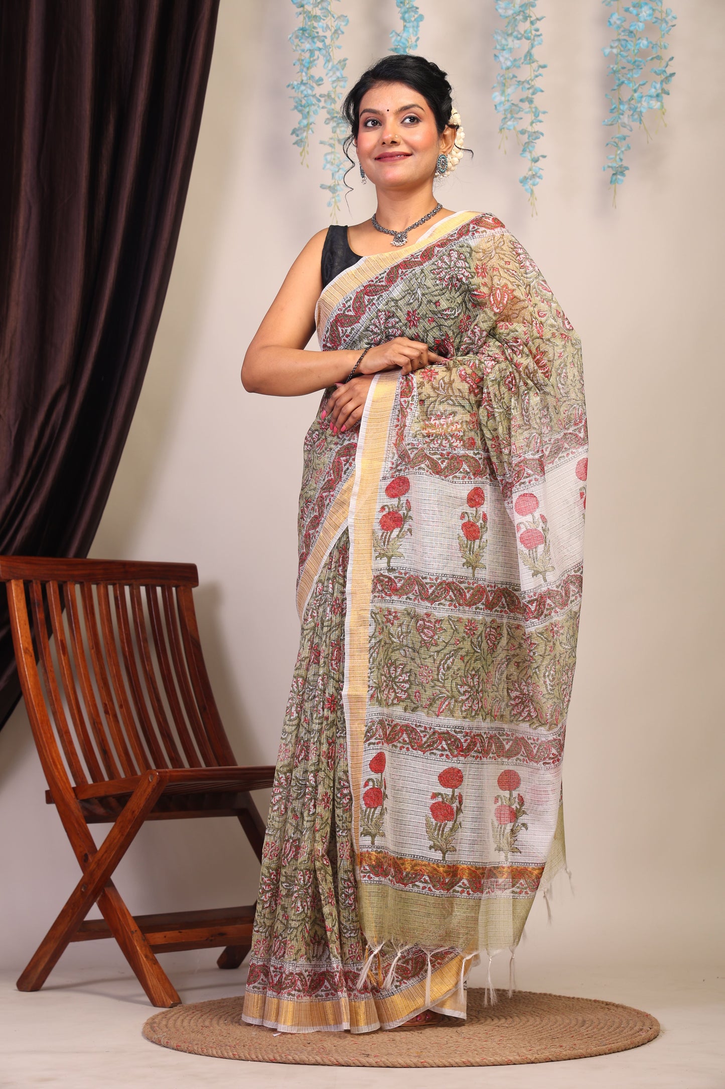 Anuttara Bhagalpuri Olive Green Kota Cotton Hand Block Saree with Blouse_AFS1007-FS