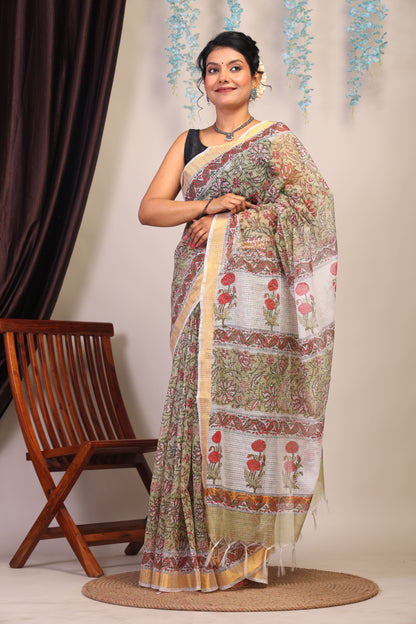 Anuttara Bhagalpuri Olive Green Kota Cotton Hand Block Saree with Blouse_AFS1007-FS