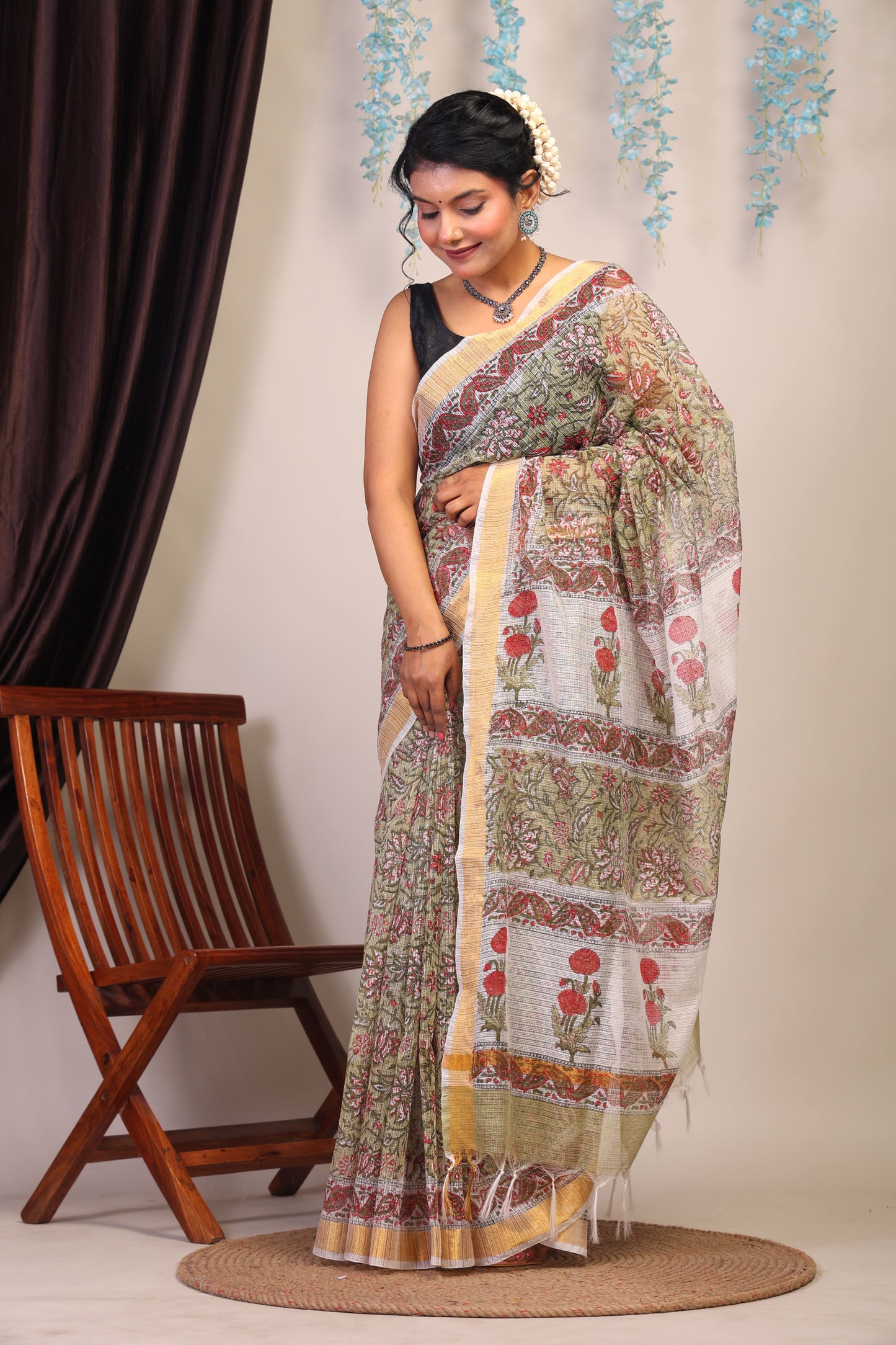 Anuttara Bhagalpuri Olive Green Kota Cotton Hand Block Saree with Blouse_AFS1007-FS