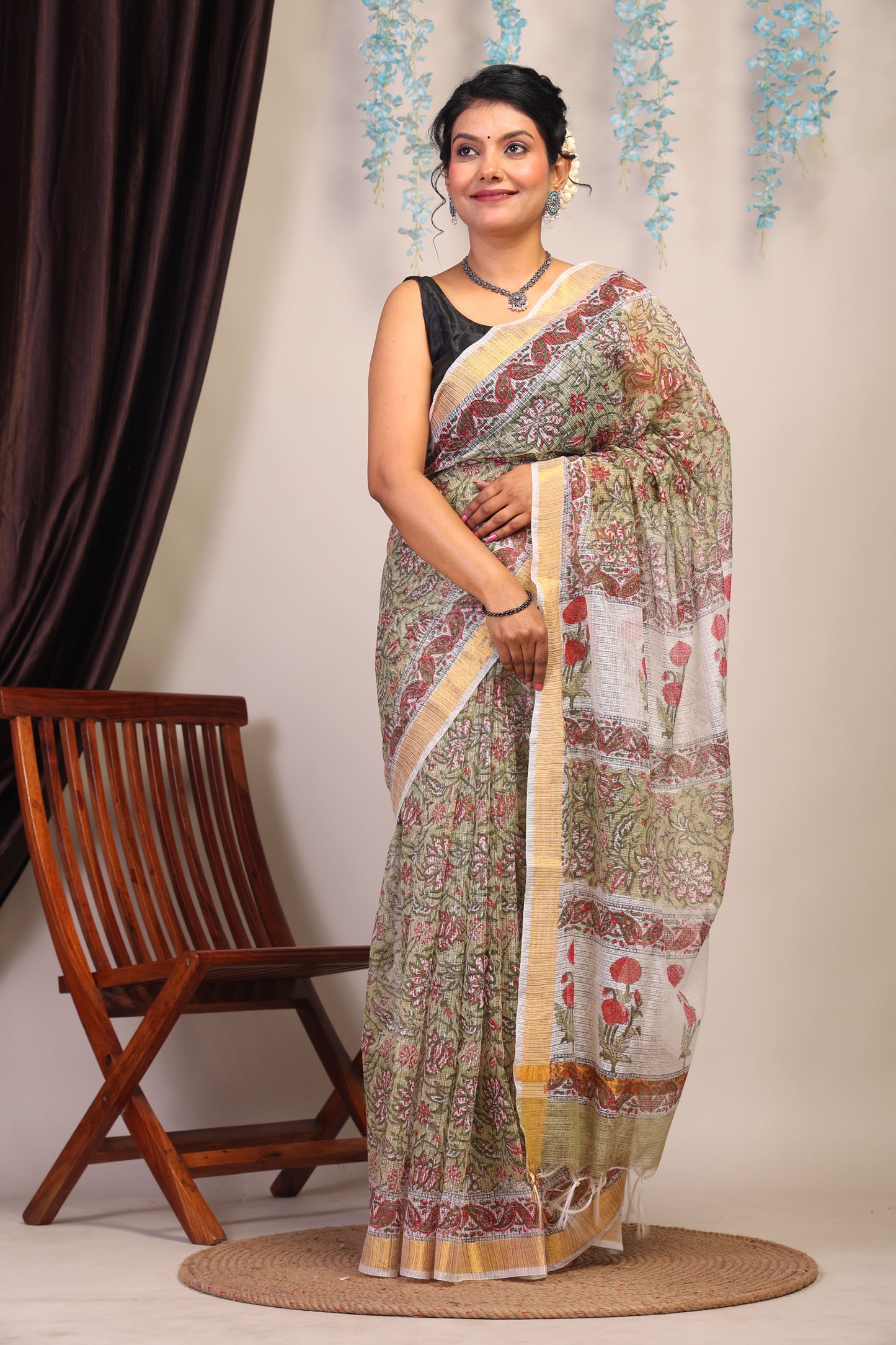Anuttara Bhagalpuri Olive Green Kota Cotton Hand Block Saree with Blouse_AFS1007-FS