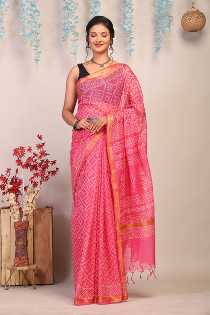 Anuttara Bhagalpuri Pink Kota Cotton Hand Block Saree with Blouse_AFS1008-FS