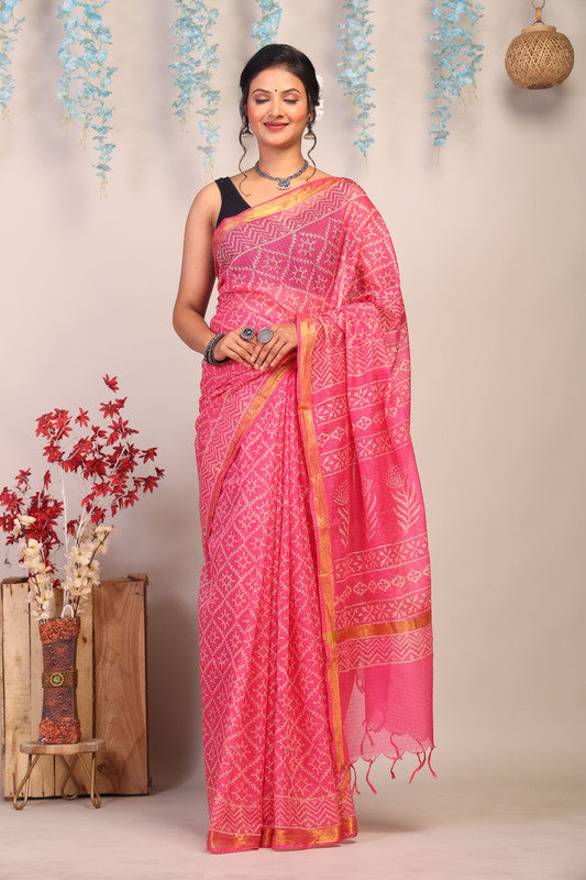 Anuttara Bhagalpuri Pink Kota Cotton Hand Block Saree with Blouse_AFS1008-FS