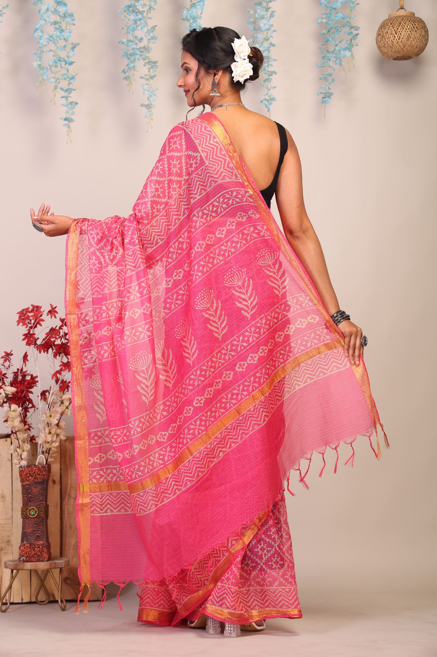 Anuttara Bhagalpuri Pink Kota Cotton Hand Block Saree with Blouse_AFS1008-FS
