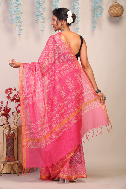 Anuttara Bhagalpuri Pink Kota Cotton Hand Block Saree with Blouse_AFS1008-FS