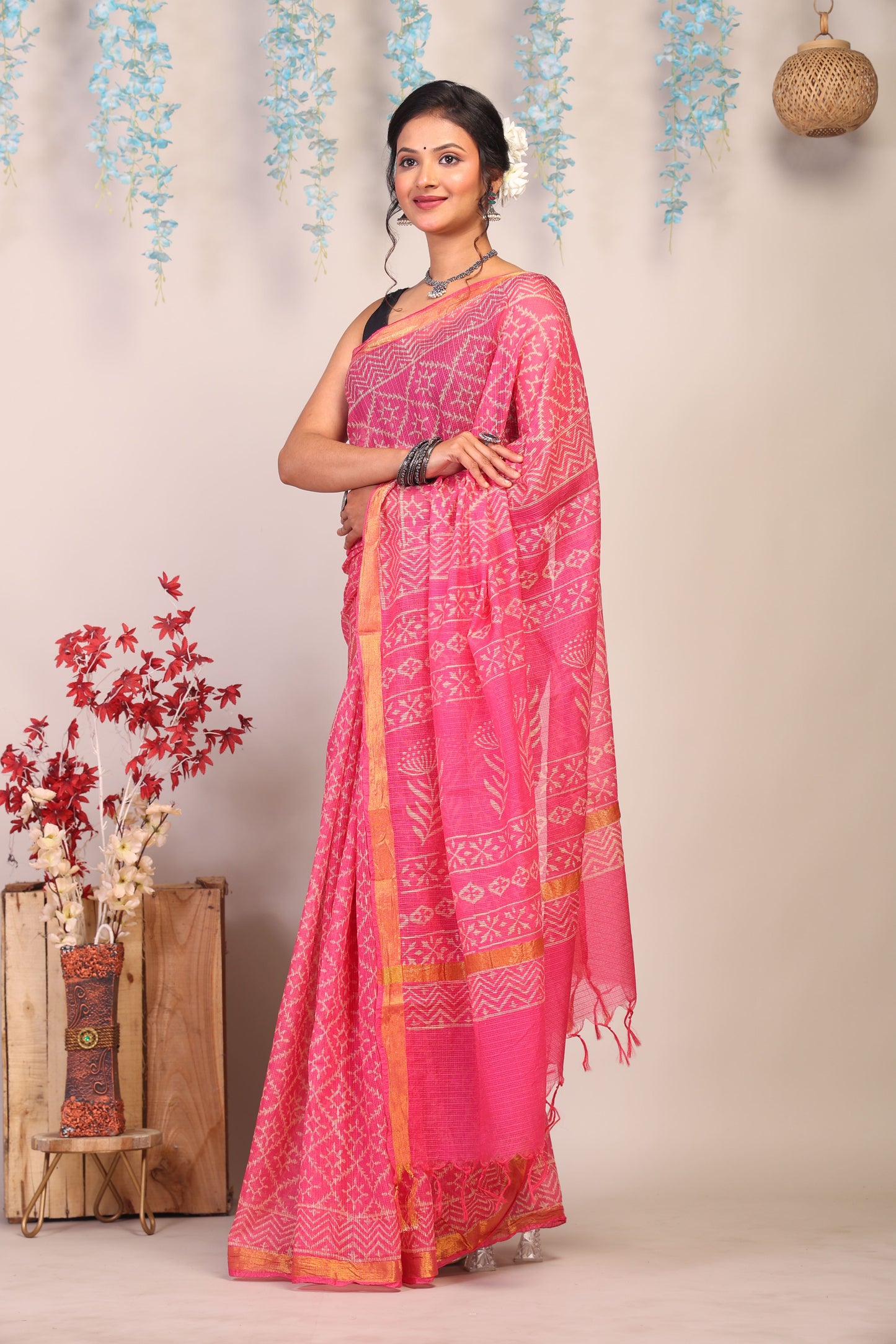 Anuttara Bhagalpuri Pink Kota Cotton Hand Block Saree with Blouse_AFS1008-FS