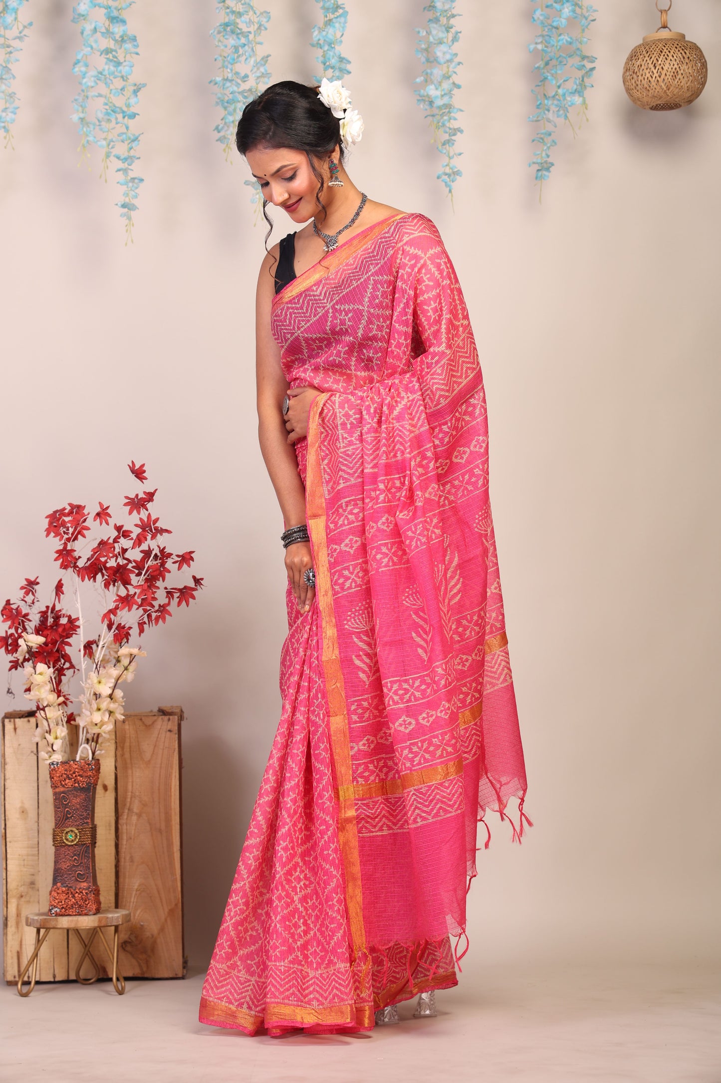Anuttara Bhagalpuri Pink Kota Cotton Hand Block Saree with Blouse_AFS1008-FS