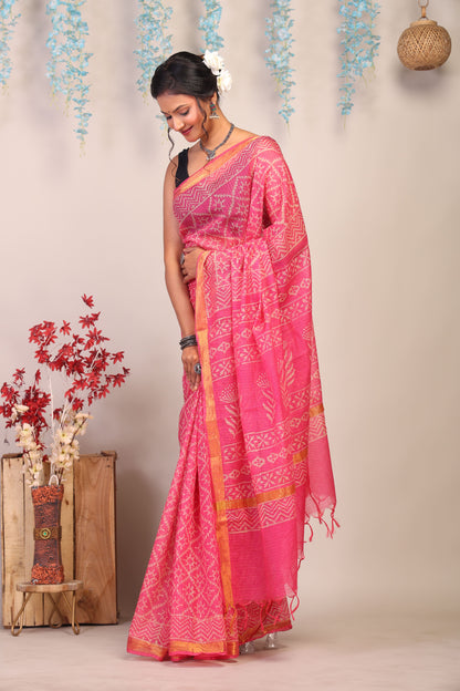 Anuttara Bhagalpuri Pink Kota Cotton Hand Block Saree with Blouse_AFS1008-FS