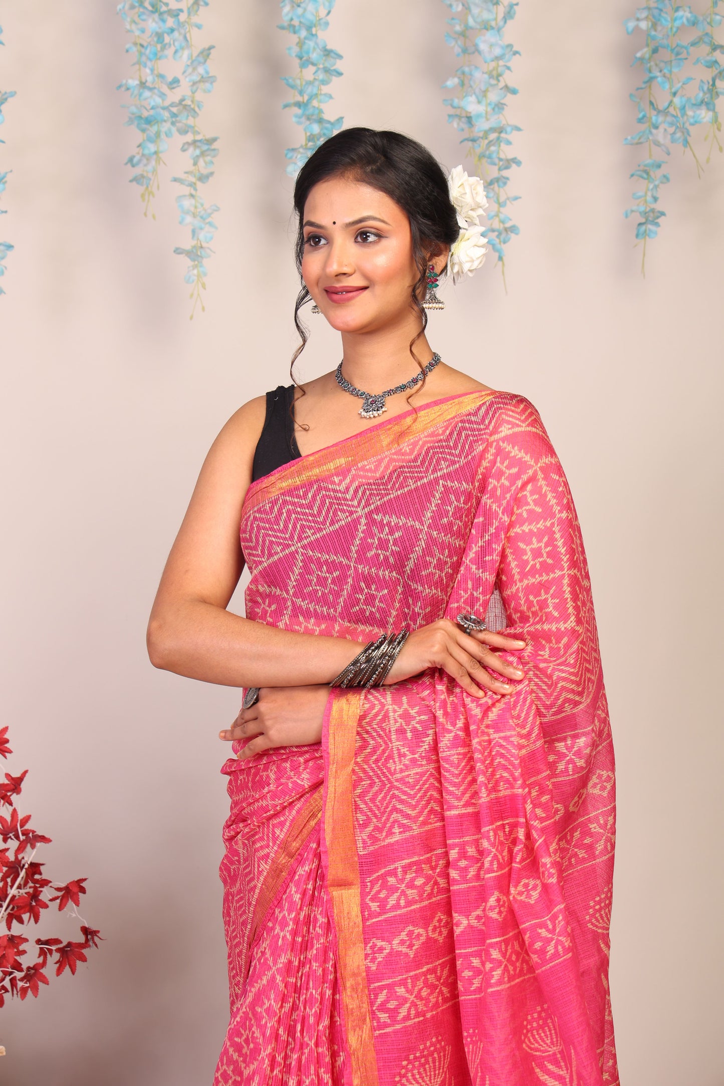 Anuttara Bhagalpuri Pink Kota Cotton Hand Block Saree with Blouse_AFS1008-FS