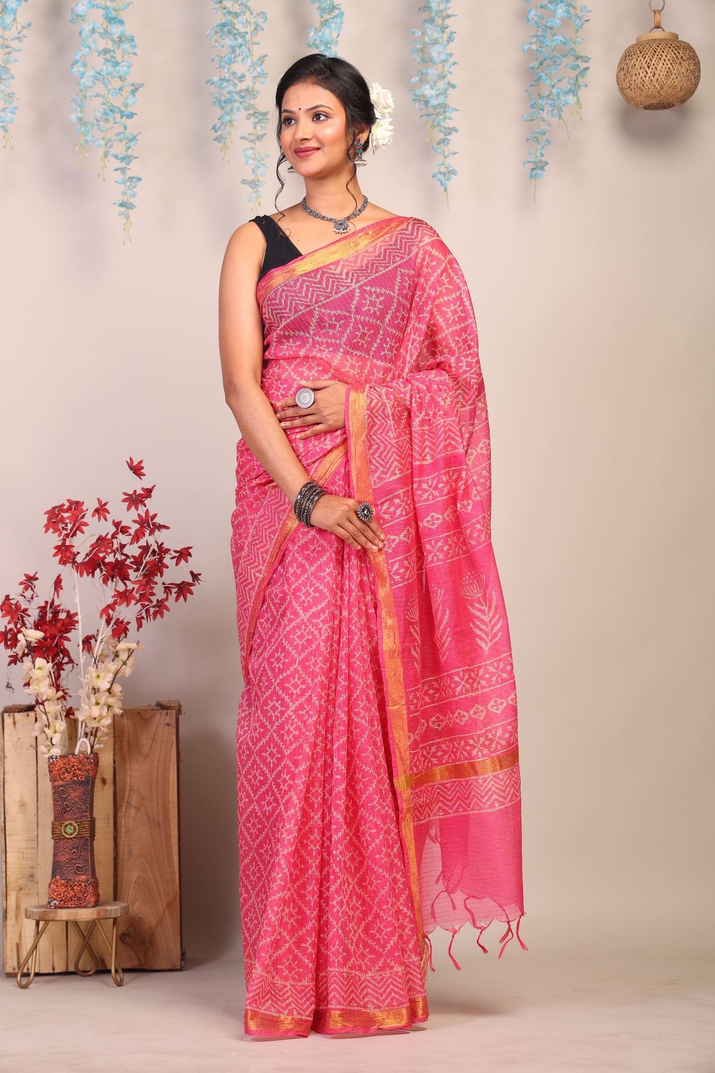 Anuttara Bhagalpuri Pink Kota Cotton Hand Block Saree with Blouse_AFS1008-FS