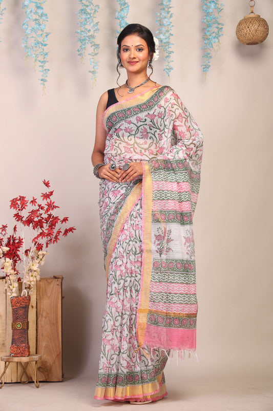 Anuttara Bhagalpuri Multicolor Kota Cotton Hand Block Saree with Blouse_AFS1009-FS