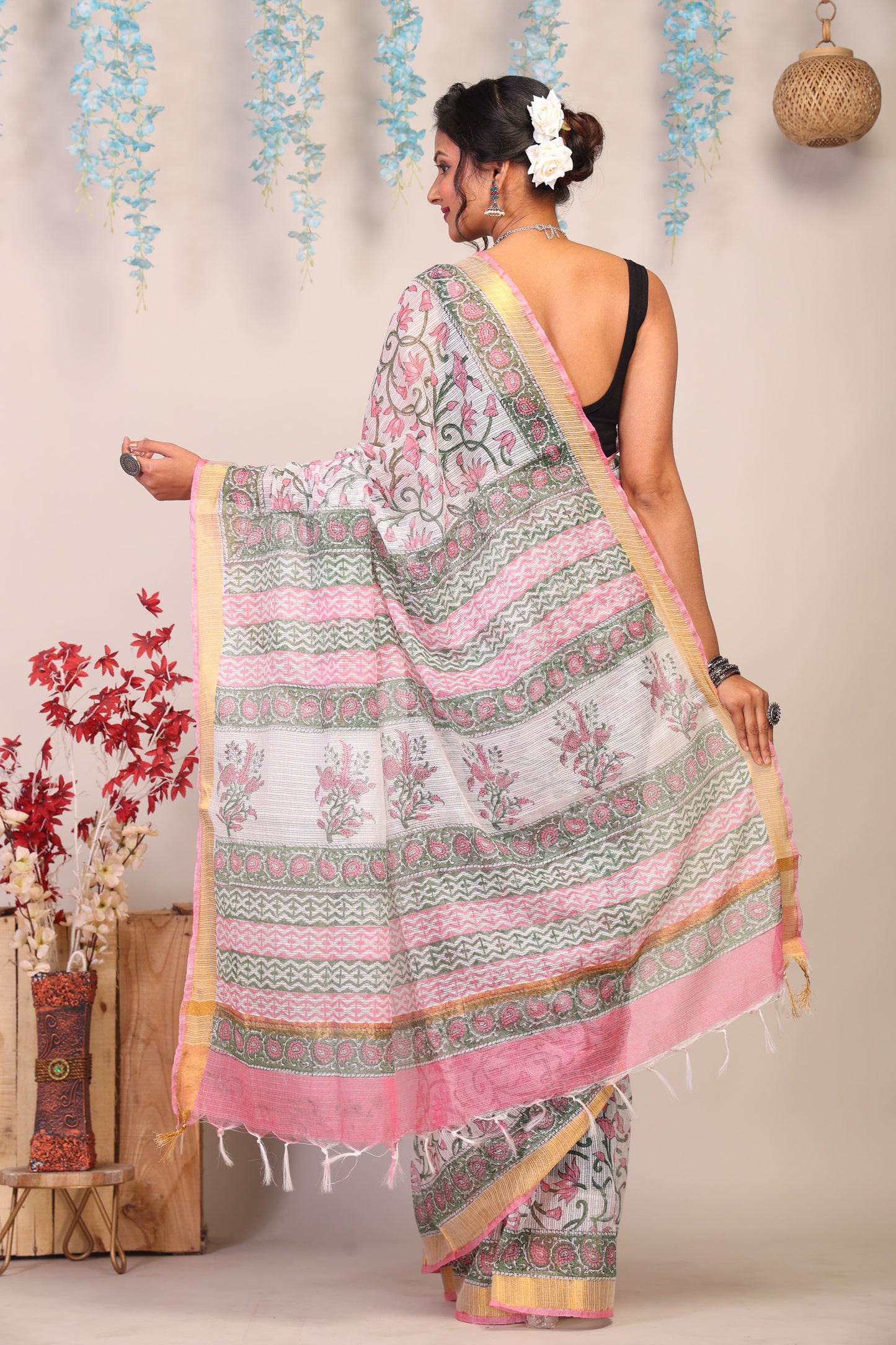 Anuttara Bhagalpuri Multicolor Kota Cotton Hand Block Saree with Blouse_AFS1009-FS