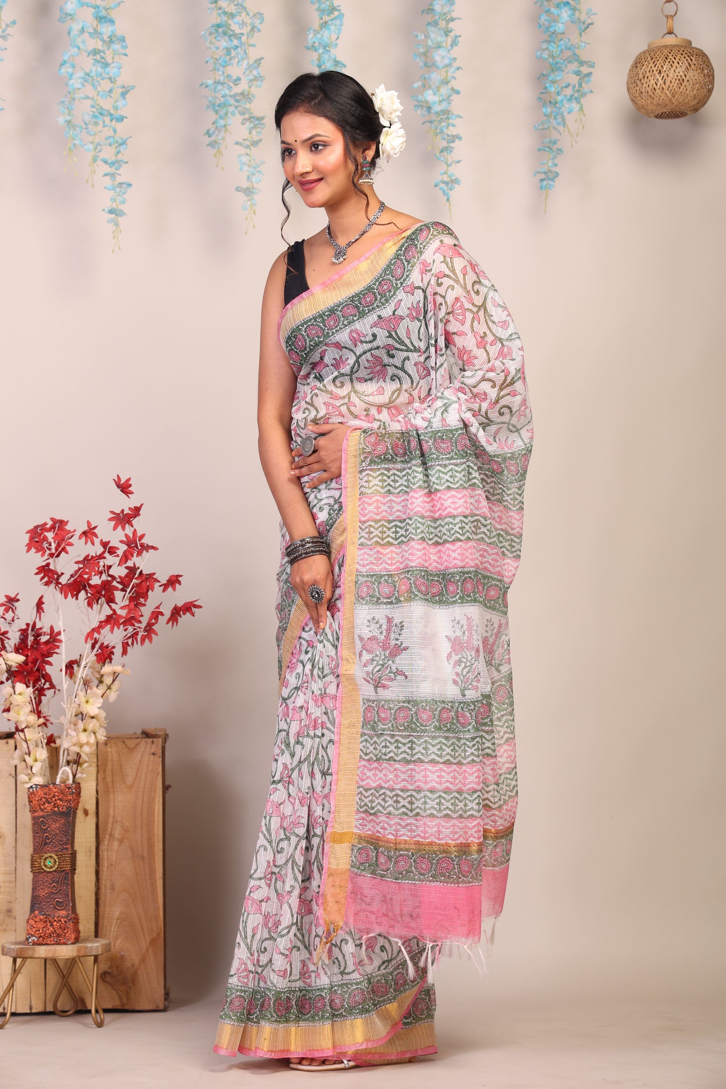 Anuttara Bhagalpuri Multicolor Kota Cotton Hand Block Saree with Blouse_AFS1009-FS