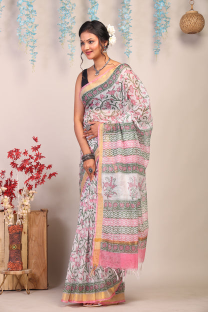 Anuttara Bhagalpuri Multicolor Kota Cotton Hand Block Saree with Blouse_AFS1009-FS