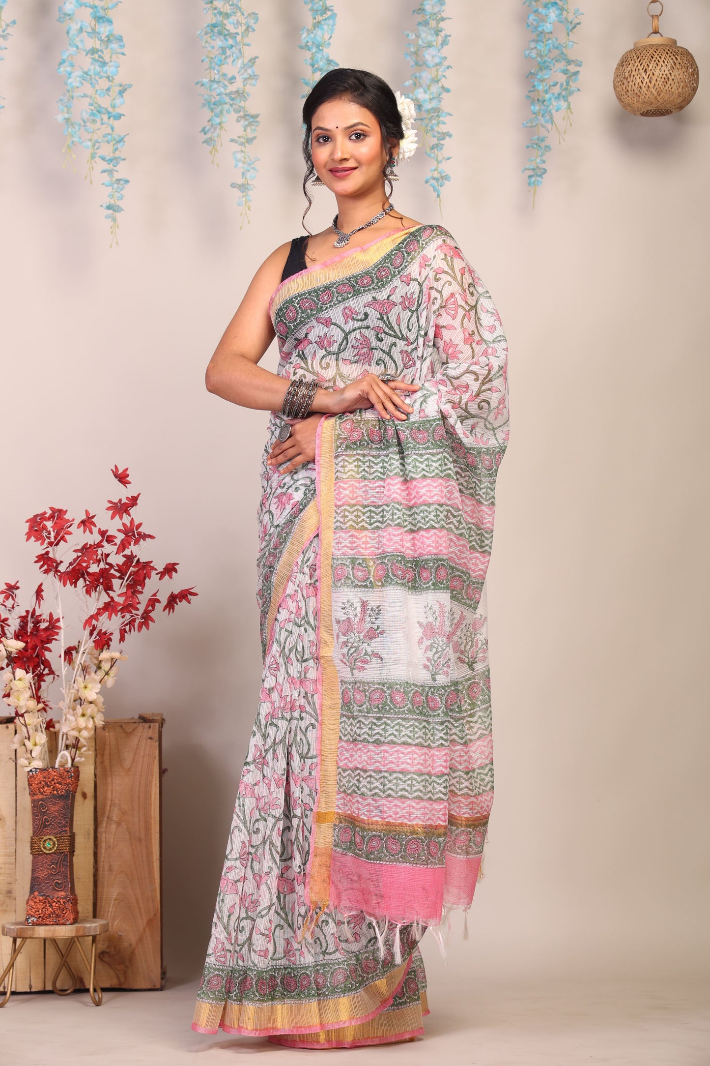 Anuttara Bhagalpuri Multicolor Kota Cotton Hand Block Saree with Blouse_AFS1009-FS