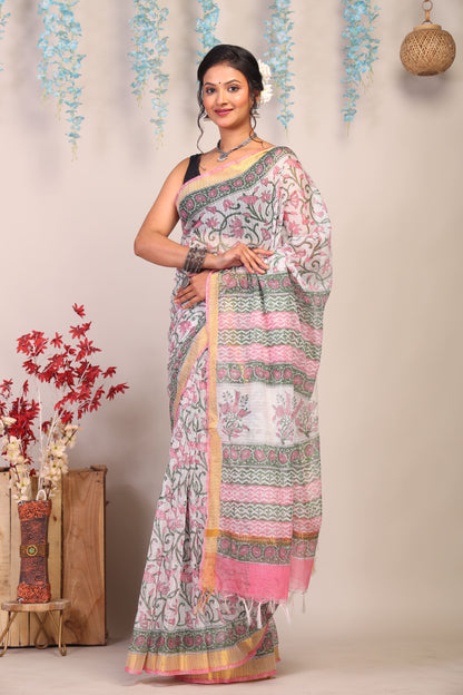 Anuttara Bhagalpuri Multicolor Kota Cotton Hand Block Saree with Blouse_AFS1009-FS