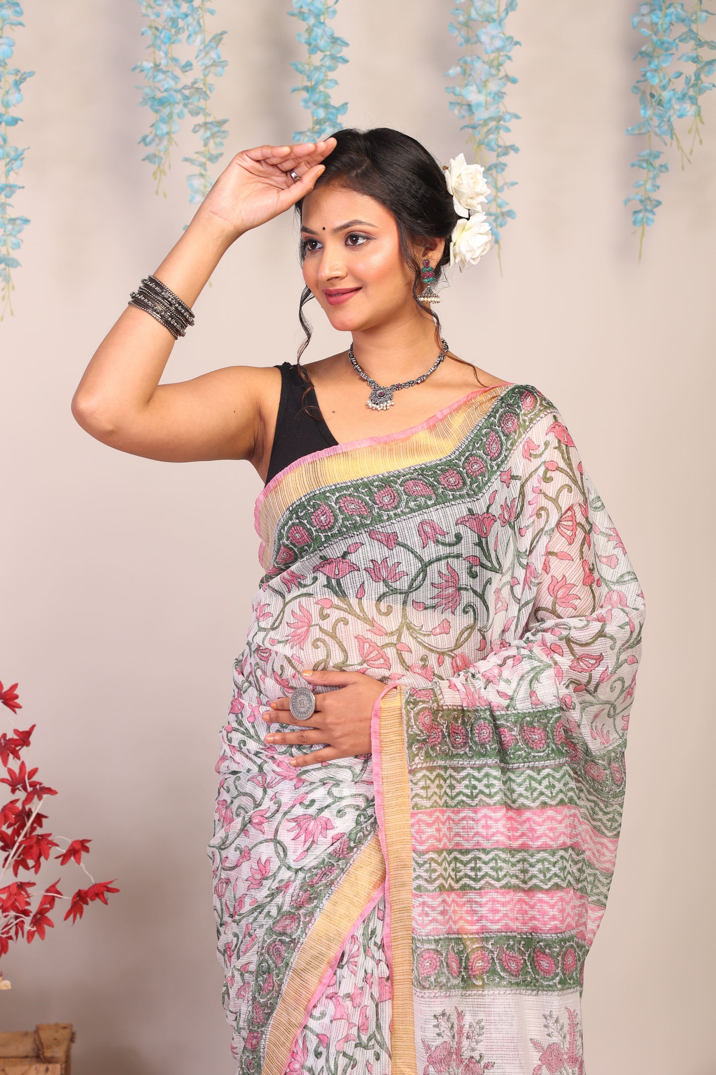 Anuttara Bhagalpuri Multicolor Kota Cotton Hand Block Saree with Blouse_AFS1009-FS