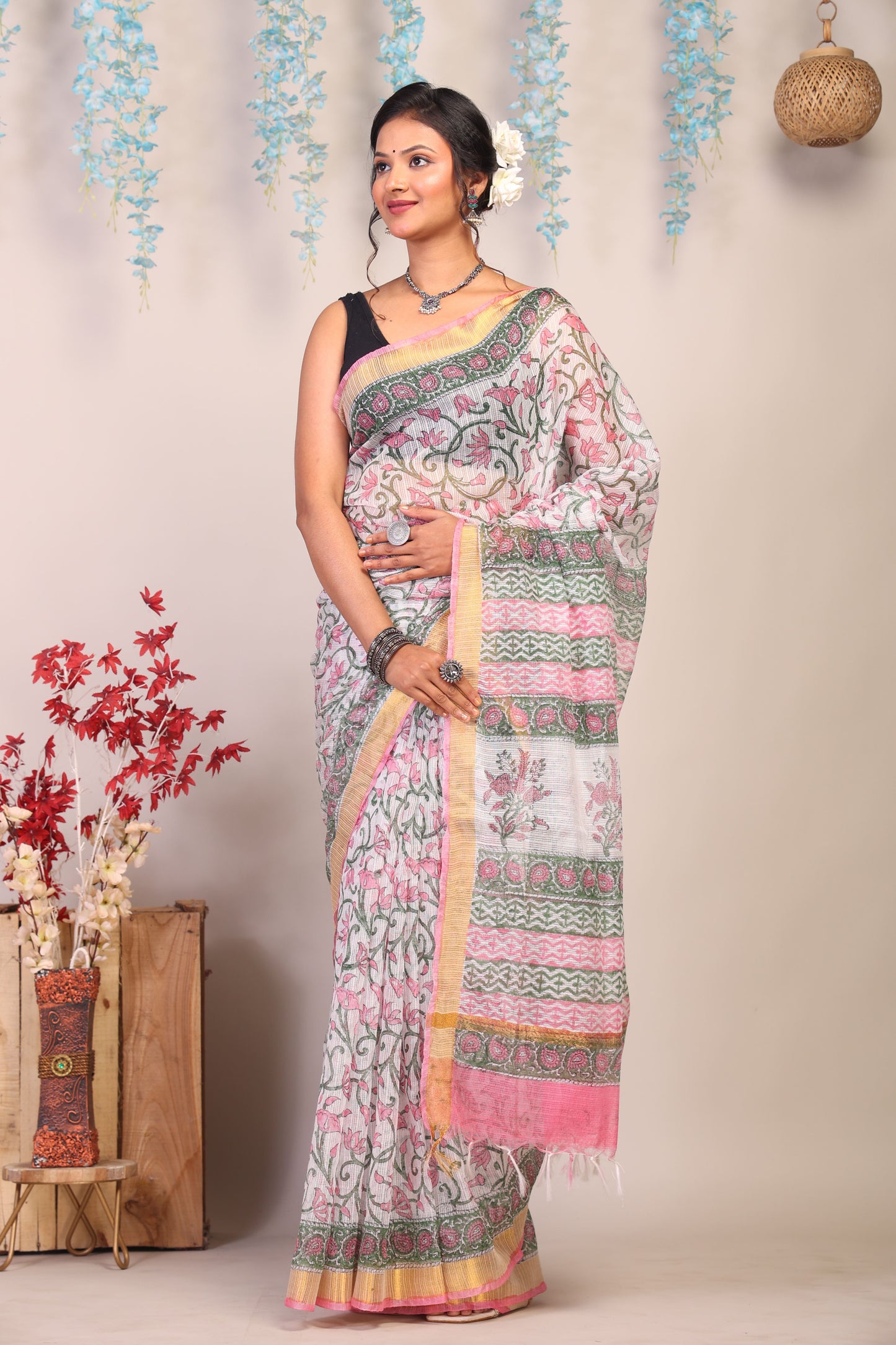 Anuttara Bhagalpuri Multicolor Kota Cotton Hand Block Saree with Blouse_AFS1009-FS