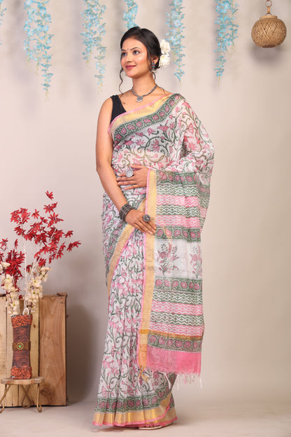 Anuttara Bhagalpuri Multicolor Kota Cotton Hand Block Saree with Blouse_AFS1009-FS