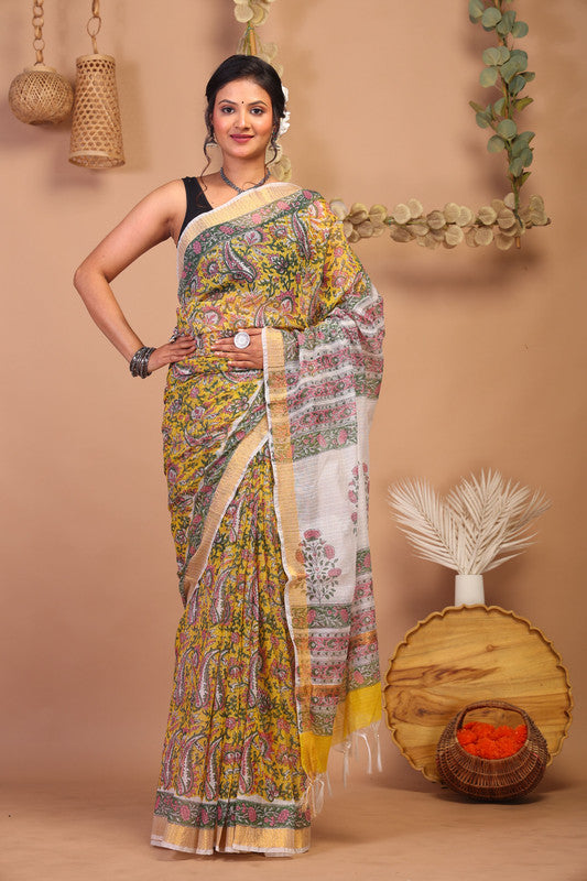Anuttara Bhagalpuri Multicolor Kota Cotton Hand Block Saree with Blouse_AFS1010-FS