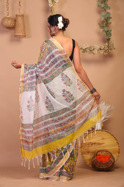Anuttara Bhagalpuri Multicolor Kota Cotton Hand Block Saree with Blouse_AFS1010-FS