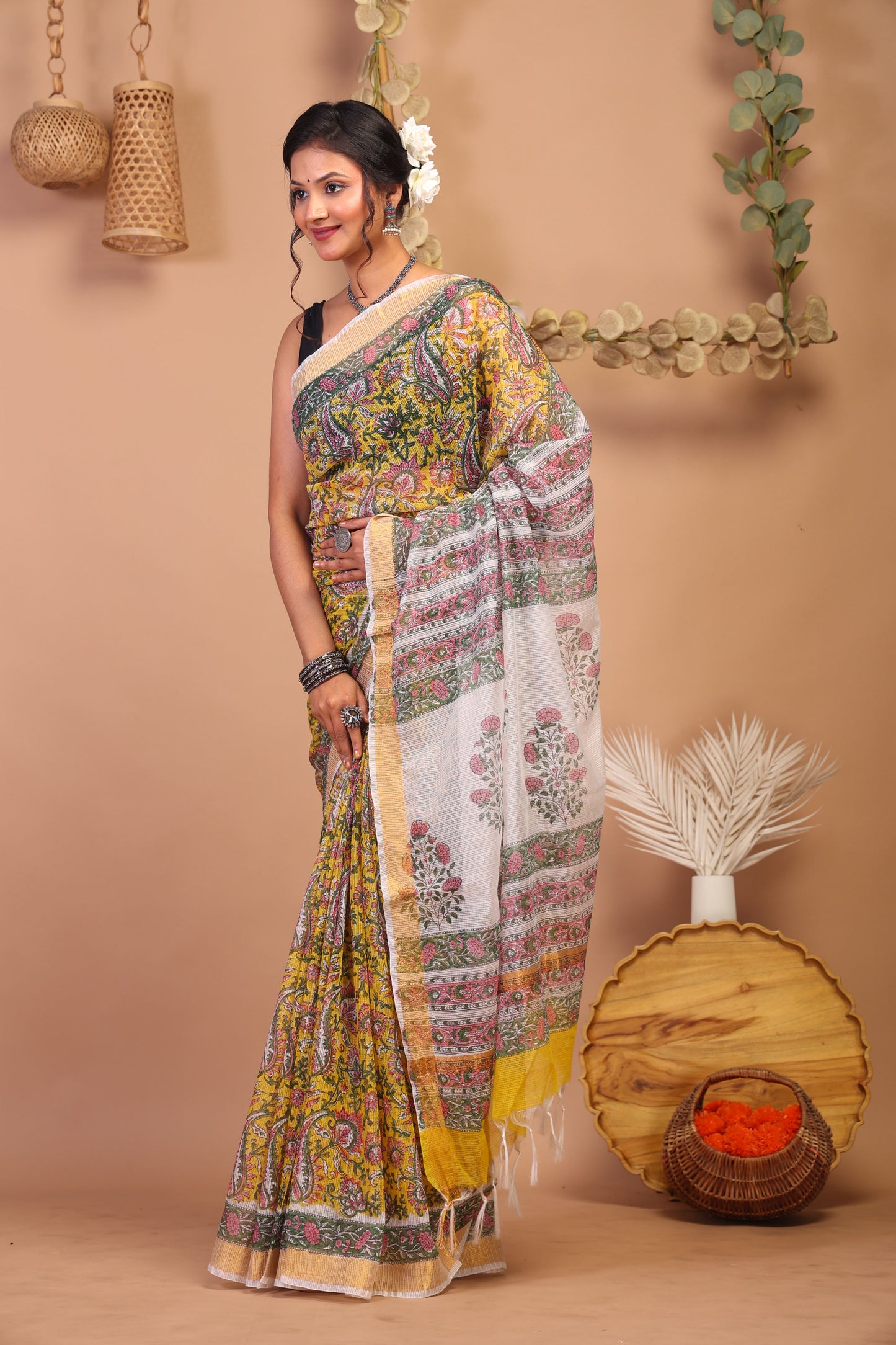 Anuttara Bhagalpuri Multicolor Kota Cotton Hand Block Saree with Blouse_AFS1010-FS