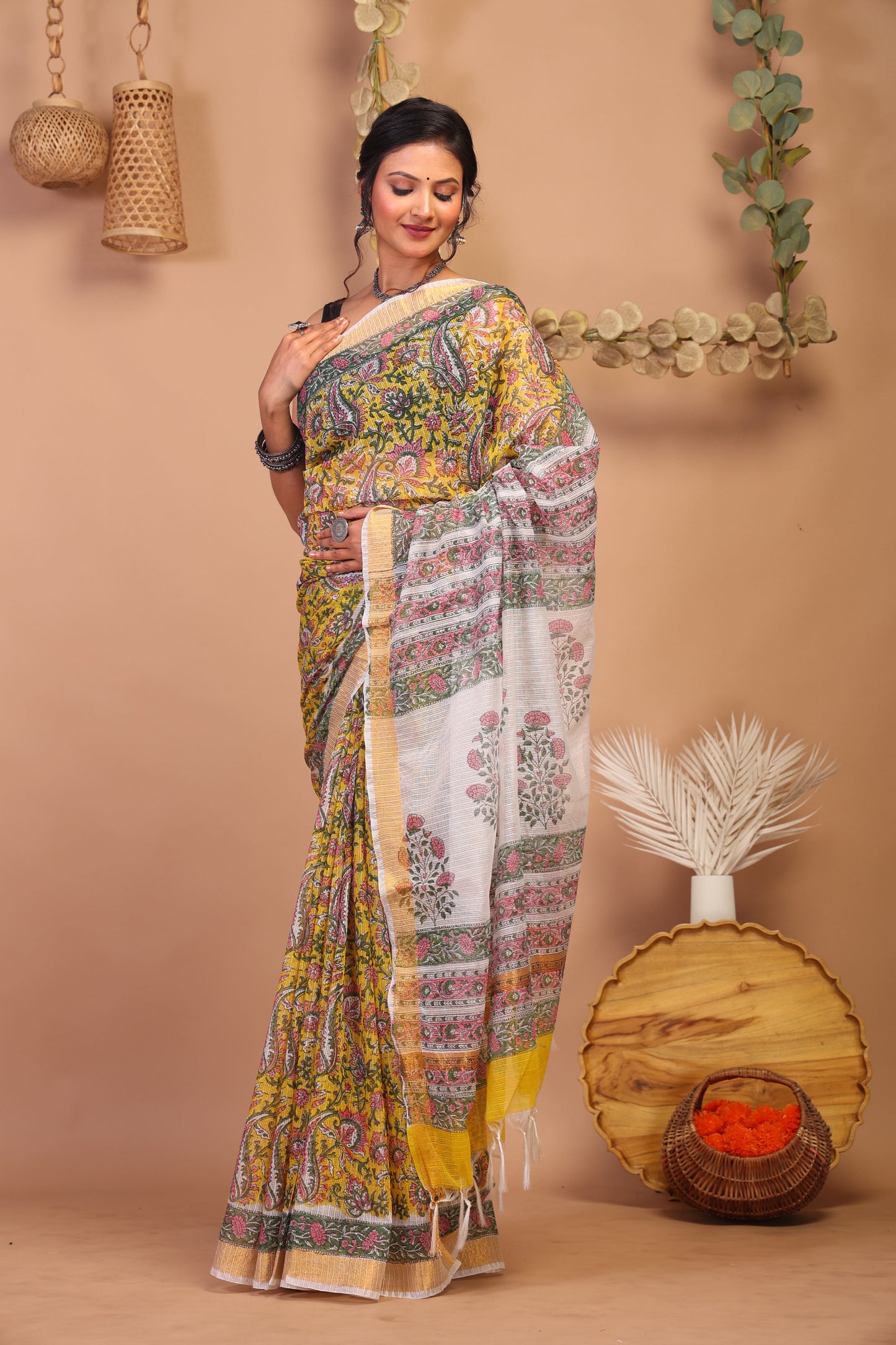 Anuttara Bhagalpuri Multicolor Kota Cotton Hand Block Saree with Blouse_AFS1010-FS