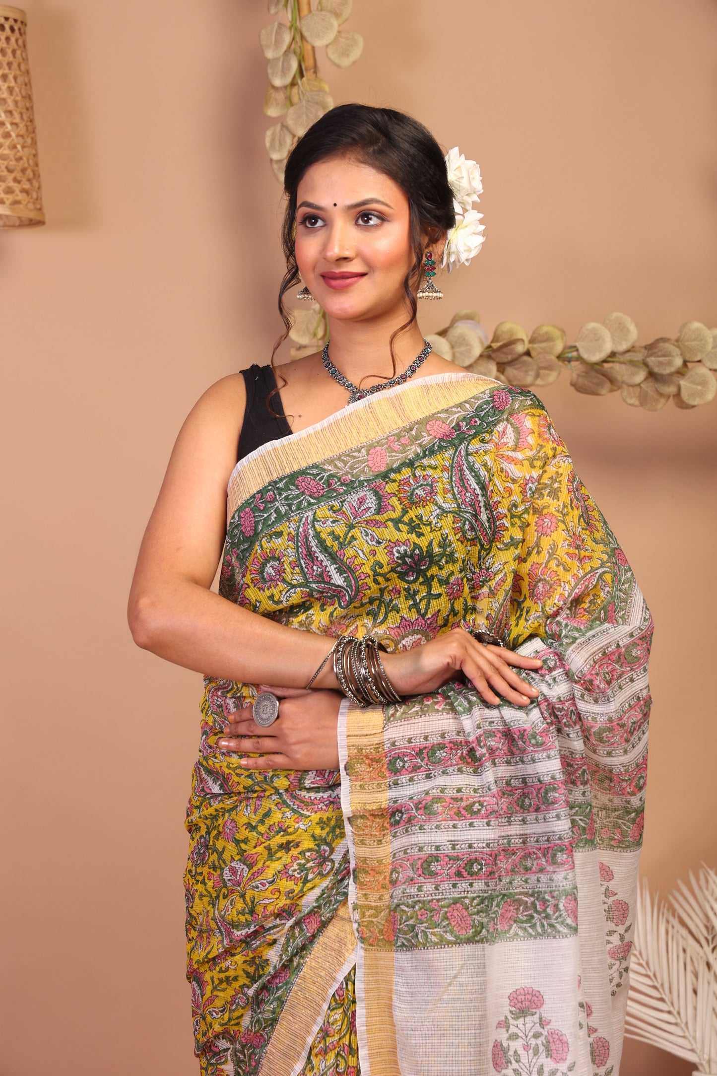 Anuttara Bhagalpuri Multicolor Kota Cotton Hand Block Saree with Blouse_AFS1010-FS