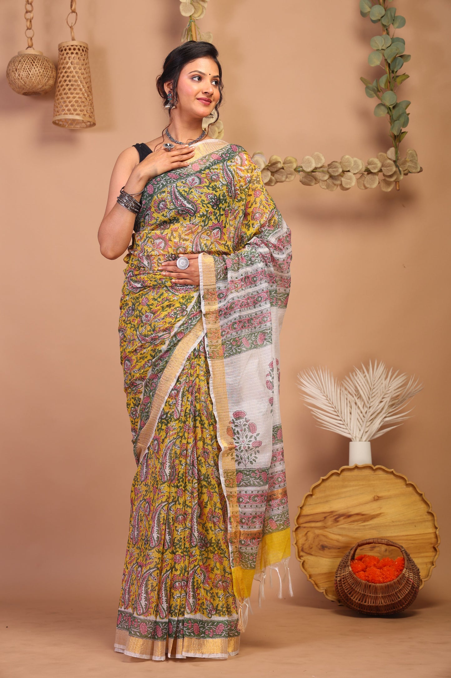Anuttara Bhagalpuri Multicolor Kota Cotton Hand Block Saree with Blouse_AFS1010-FS