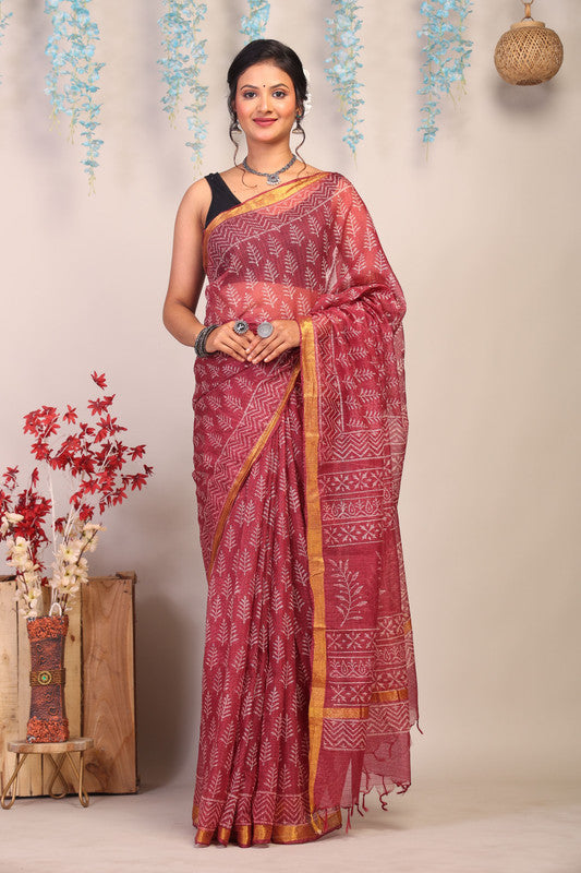 Anuttara Bhagalpuri Maroon Kota Cotton Hand Block Saree with Blouse_AFS1011-FS