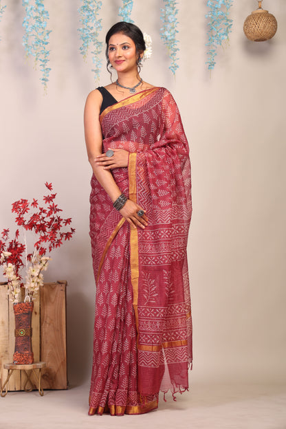 Anuttara Bhagalpuri Maroon Kota Cotton Hand Block Saree with Blouse_AFS1011-FS