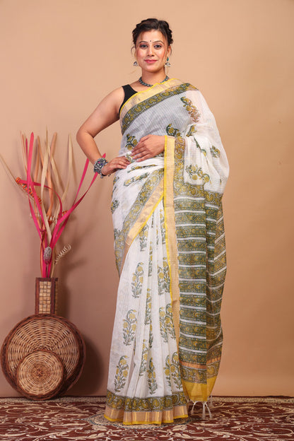 Anuttara Bhagalpuri White Kota Cotton Hand Block Saree with Blouse_AFS1012-FS