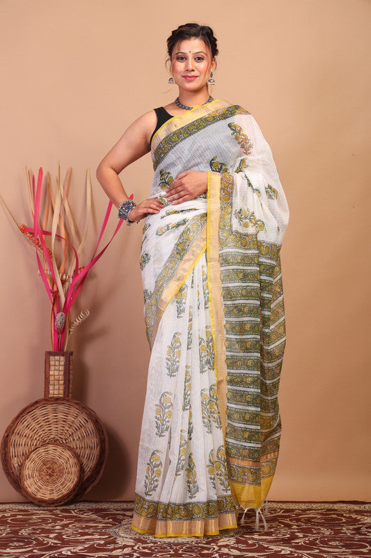 Anuttara Bhagalpuri White Kota Cotton Hand Block Saree with Blouse_AFS1012-FS