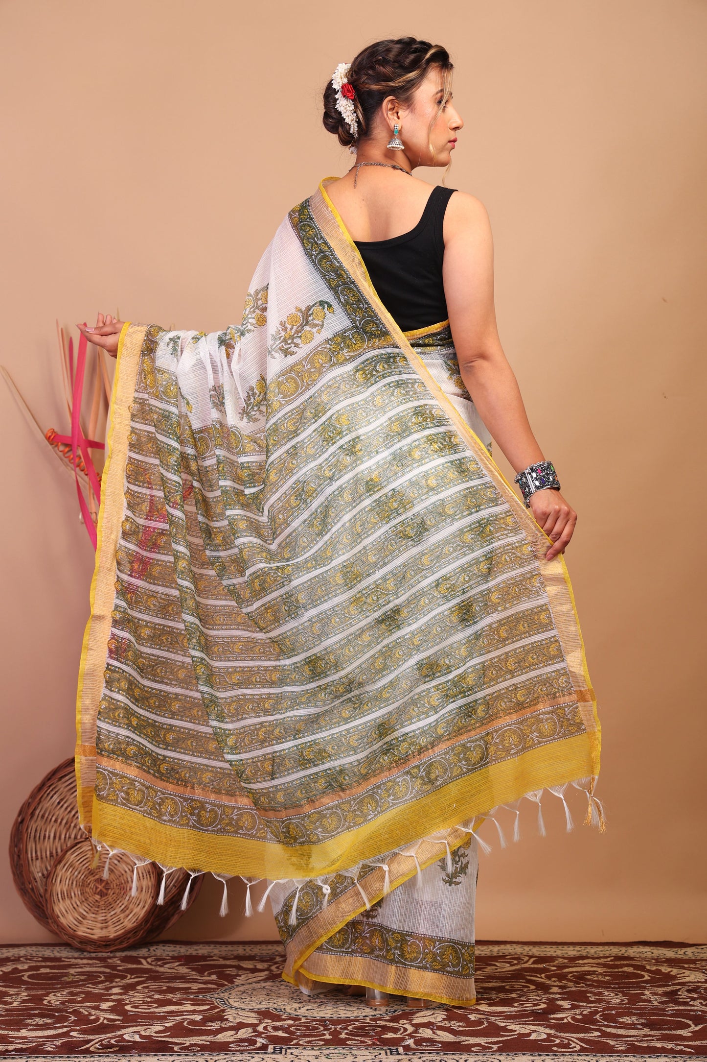 Anuttara Bhagalpuri White Kota Cotton Hand Block Saree with Blouse_AFS1012-FS