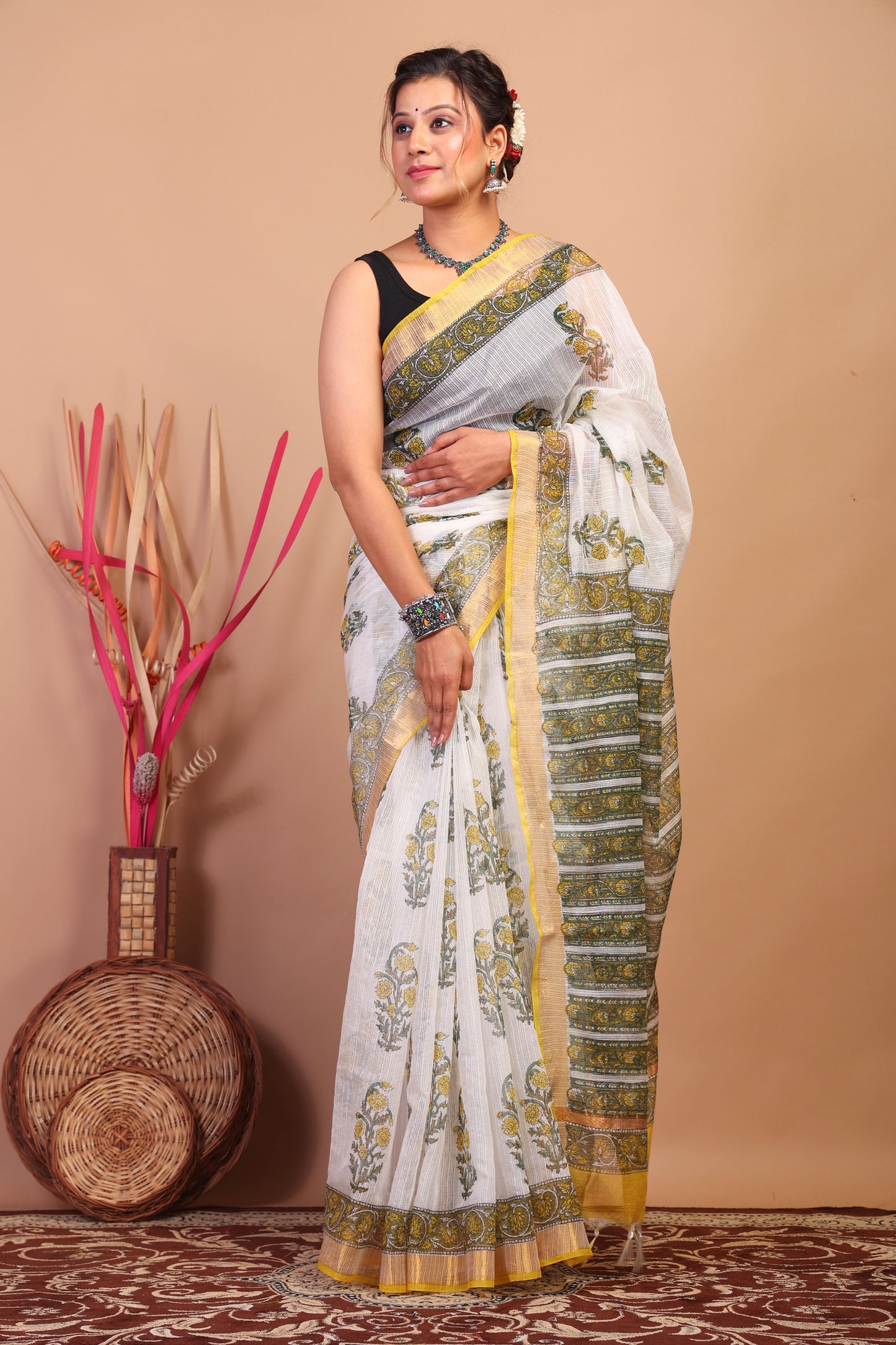 Anuttara Bhagalpuri White Kota Cotton Hand Block Saree with Blouse_AFS1012-FS