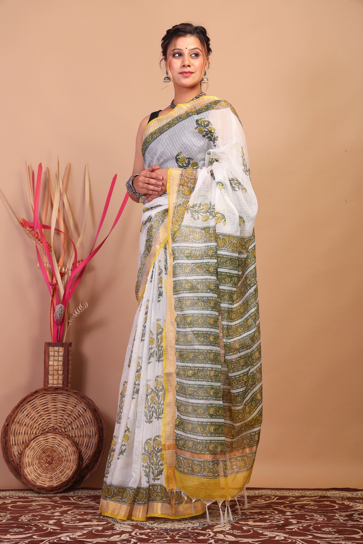 Anuttara Bhagalpuri White Kota Cotton Hand Block Saree with Blouse_AFS1012-FS