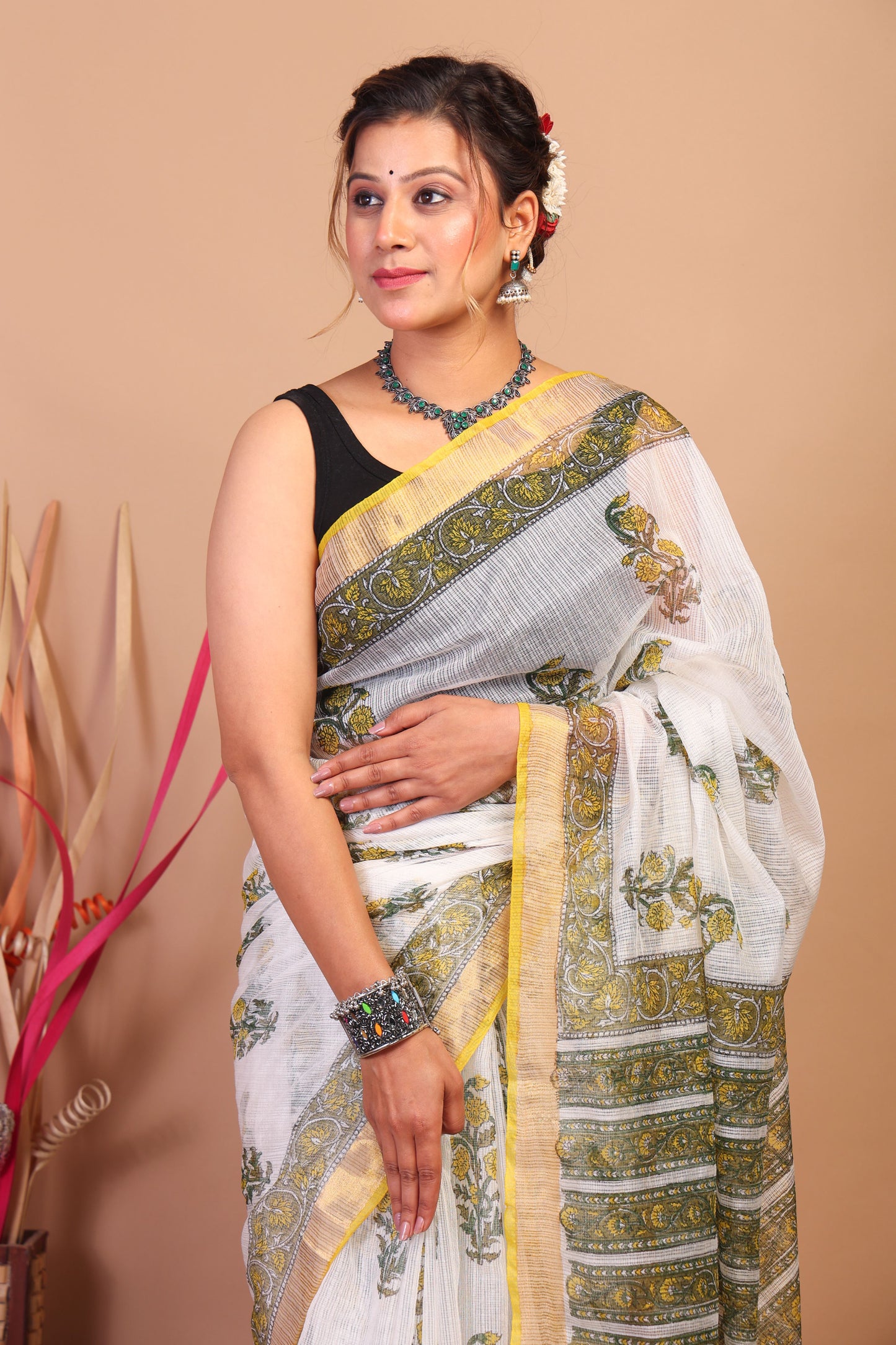 Anuttara Bhagalpuri White Kota Cotton Hand Block Saree with Blouse_AFS1012-FS
