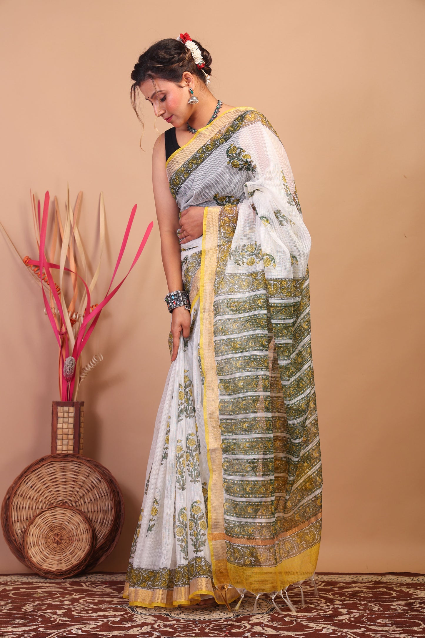Anuttara Bhagalpuri White Kota Cotton Hand Block Saree with Blouse_AFS1012-FS