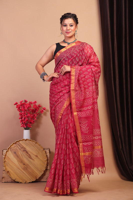 Anuttara Bhagalpuri Rouge Pink Kota Cotton Hand Block Saree with Blouse_AFS1013-FS