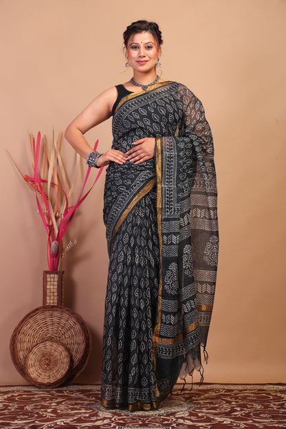 Anuttara Bhagalpuri Black Kota Cotton Hand Block Saree with Blouse_AFS1014-FS