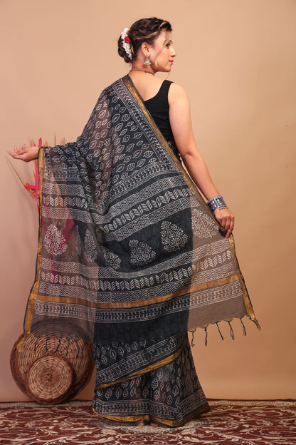 Anuttara Bhagalpuri Black Kota Cotton Hand Block Saree with Blouse_AFS1014-FS