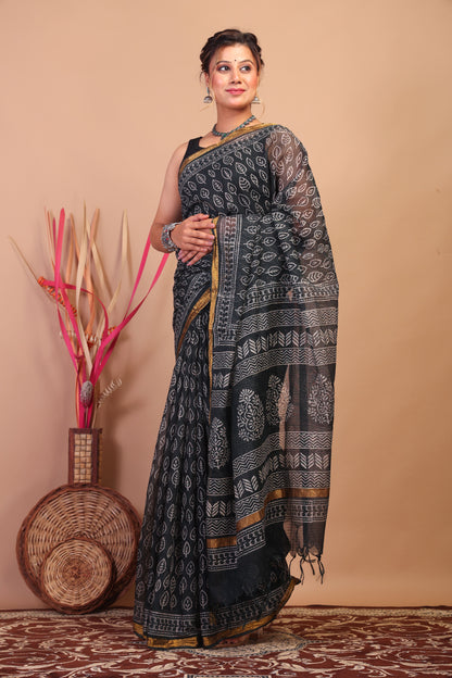 Anuttara Bhagalpuri Black Kota Cotton Hand Block Saree with Blouse_AFS1014-FS