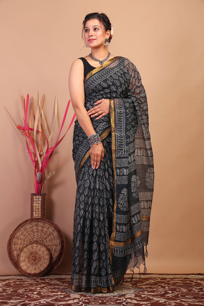 Anuttara Bhagalpuri Black Kota Cotton Hand Block Saree with Blouse_AFS1014-FS